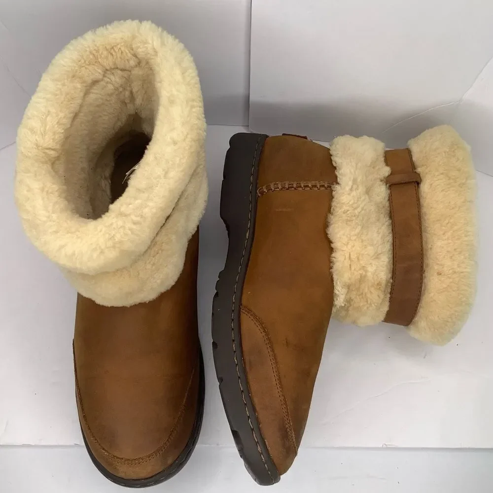 UGG Brielle Nubuck Brown Chestnut Shearling Leather Women Mid Calf Boots Sz 10